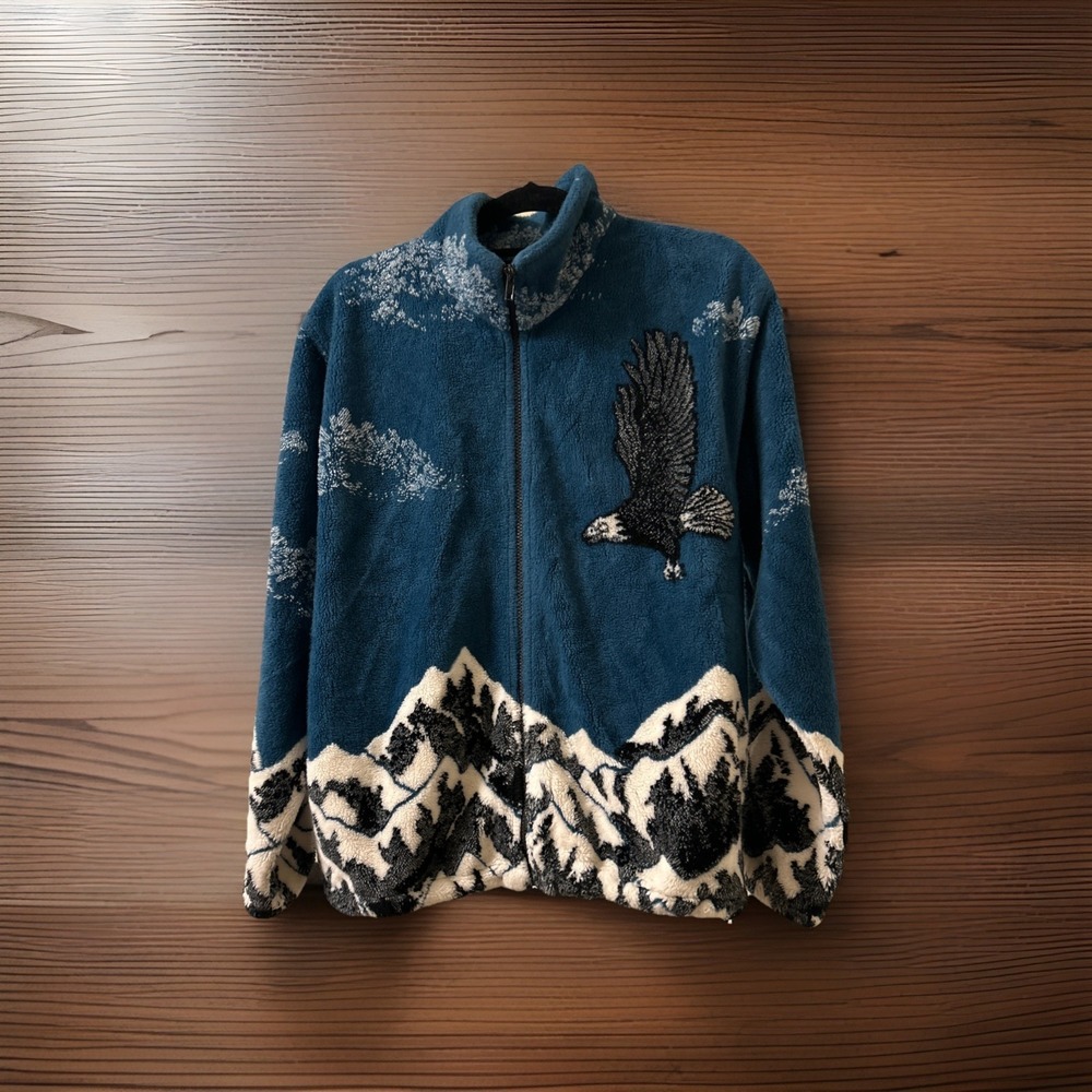 VTG Federation National Wildlife Jacket Blue Eagle All Over‎ Print Zip Small USA